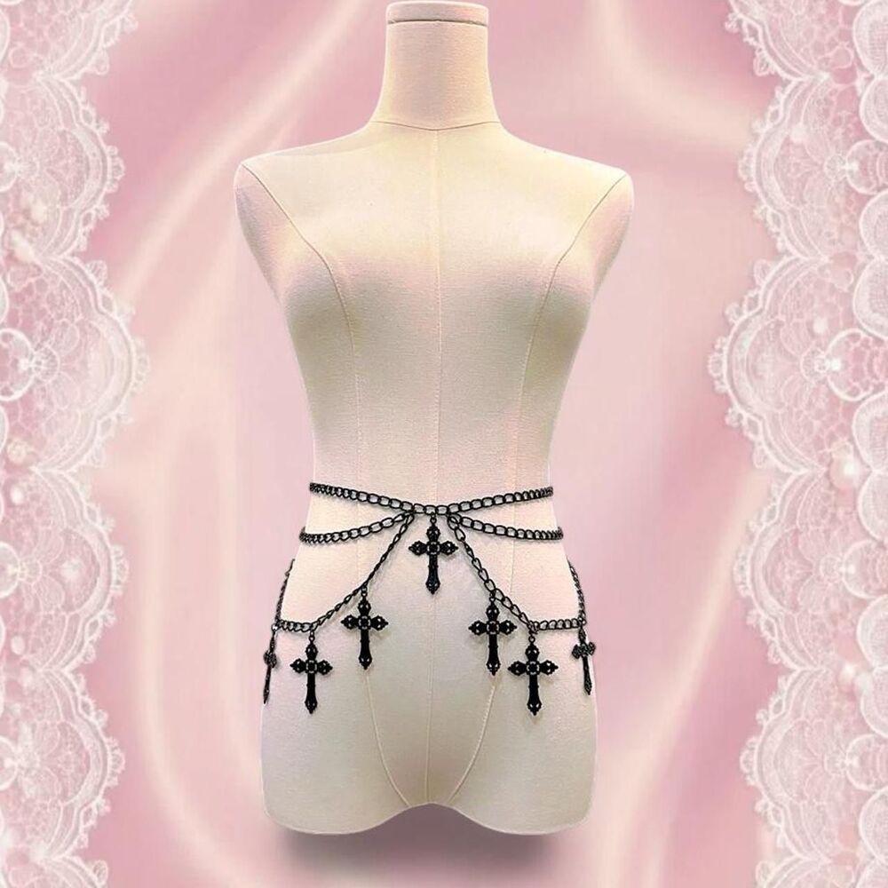 Medieval Cross Chain Waist Gothic Adjustable Women's Black Belt